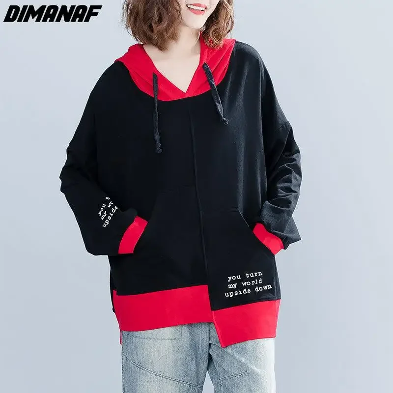 

DIMANAF 2024 Spring Women Hoodies Sweatshirts Plus Size Pullovers Cotton Red Black Tops Oversize Loose Casual Printing