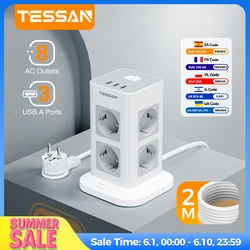 TESSAN 3600W Ultra Thin Flat Plug Vertical Tower Power Strip with 8 AC 3 USB Ports EU Plug Electrical Socket With 2M Cable