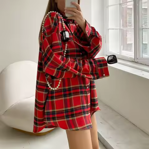 FSMG-Versatile Plaid Shirt For Women, Red Bright Grid, Oversized Blouse, Leisure And Fashionable Top, Spring And Autumn Seasons