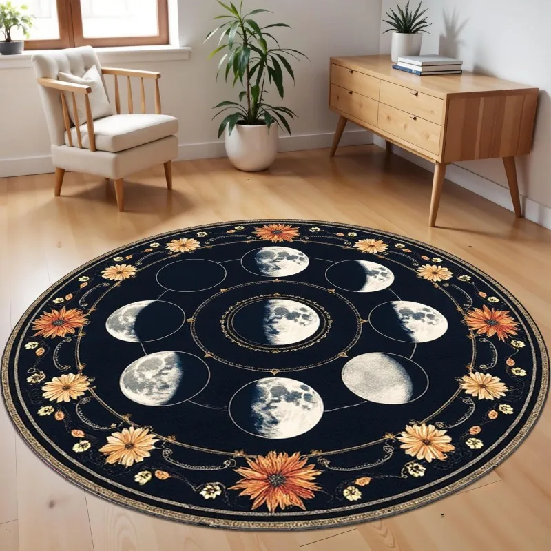 Sunflower Round Floor Mat Moon Phase Floral Printed Circular Rug Non-Slip Washable Carpets For Living Room Chair Decor