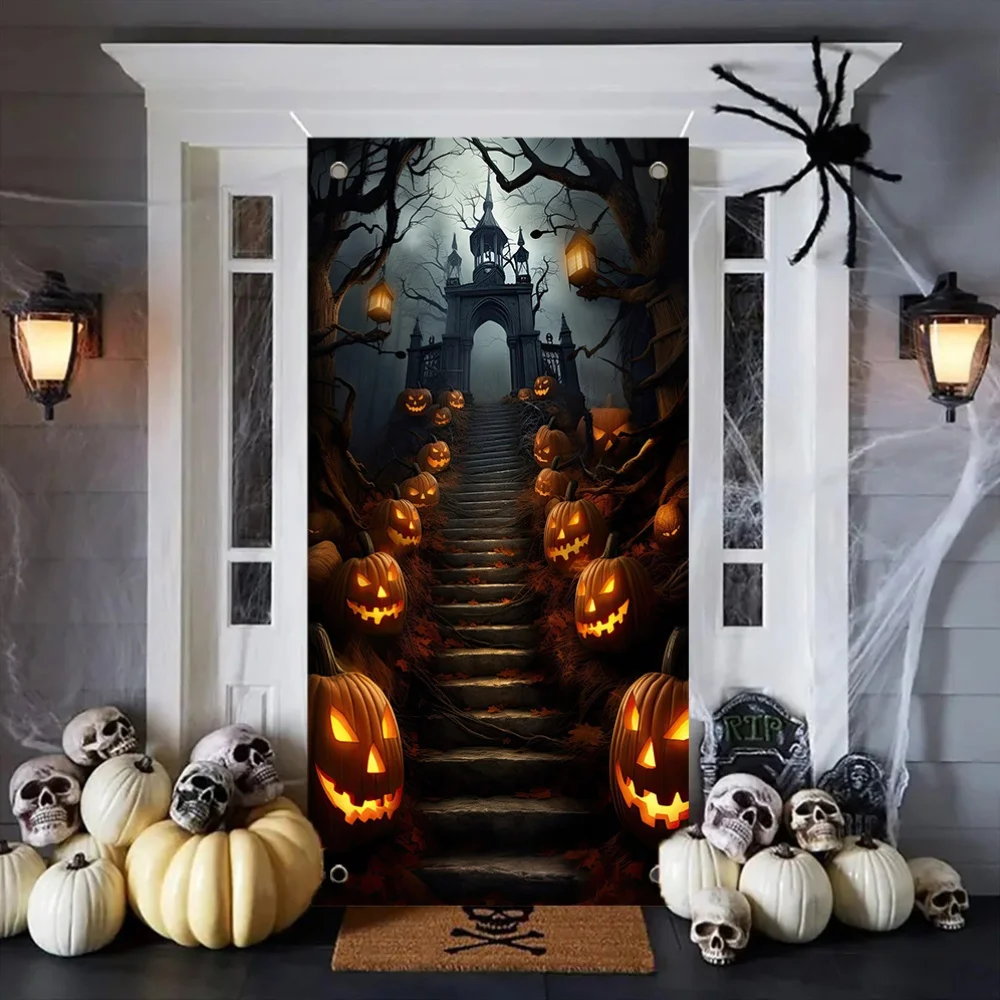 1 Stück 2D flaches Halloween-Themen-Hintergrund-Stoffbanner, gruseliges Kürbiskopf-Schritte-Design, Halloween-Dekoration, keine Strom erforderlich – sjs