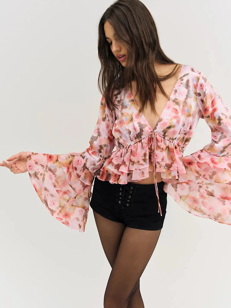 花柄シックなクロップドトップブラウスシャツ女性夏春シフォンフレアスリーブタイアップ V ネックセクシーなカジュアル職業レディースシャツ