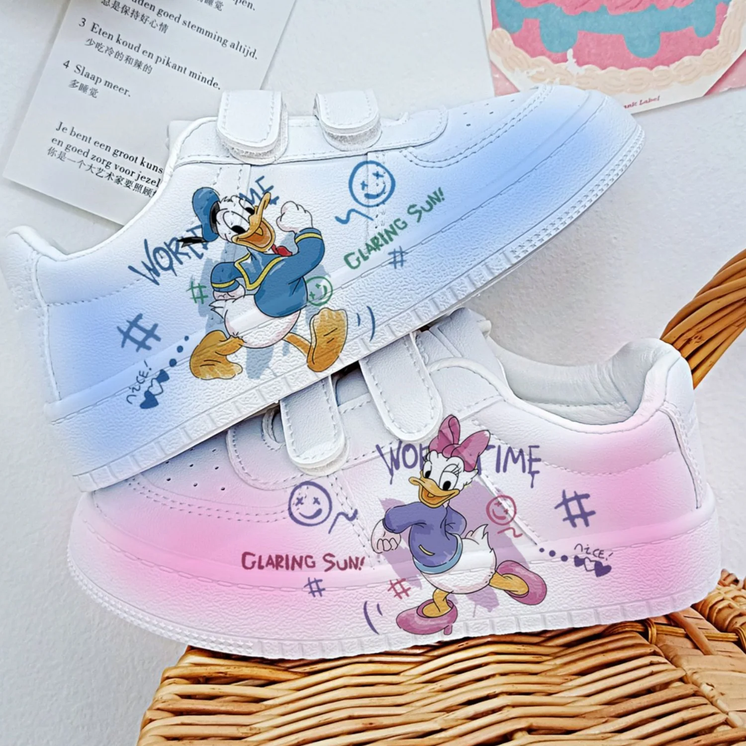 Disney Donald Duck Kids Shoes Anime Daisy Tennis Shoes Cartoon White Shoes Children Casual Sneakers Basket Shoes Size 25-38