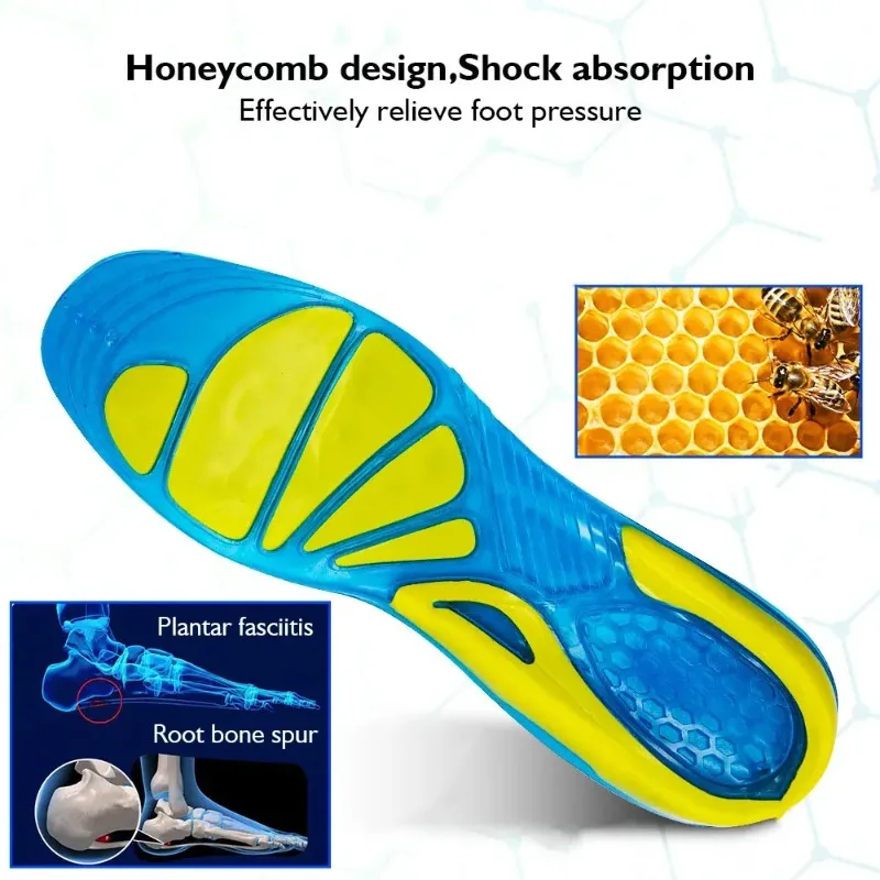 Silicone Non-Slip Gel Sport Insoles, Orthopedic Shock Absorption Cushion Pad for Running, Massaging Support for Men Women,