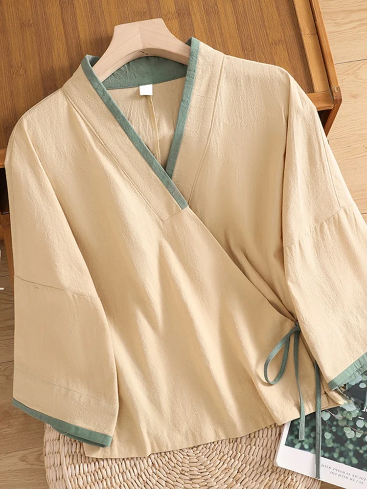 Retro Chinese Sle Loose Fit V-Ne Svel Women's Top Large Size Slimming Patchwork Tea Ceremony Open Cardigan