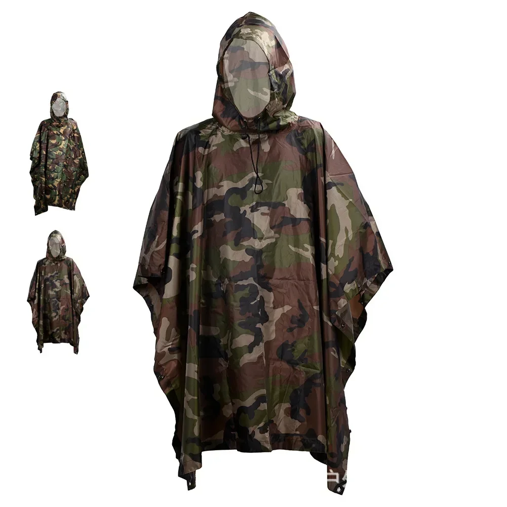 Outdoor Adult Camouflage Rain Poncho 3-in-1 Hiking Multifunctional Thin Section Waterproof Canopy Floor Mat Protection Raincoat