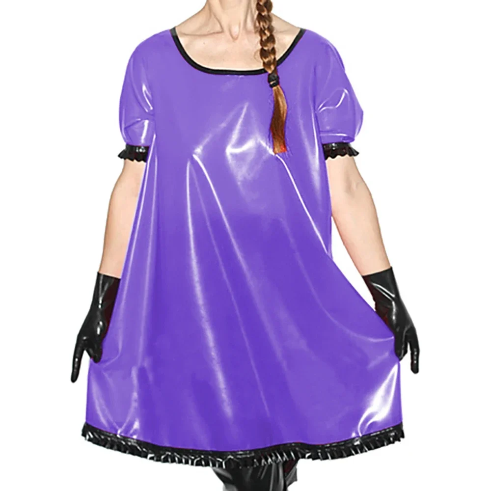 Female Ruffles Short Sleeve PVC Shiny Loose A-line Dress Raves Party Latex Look Dolls Dress Exotic Scoop Neck Nightgown Clubwear