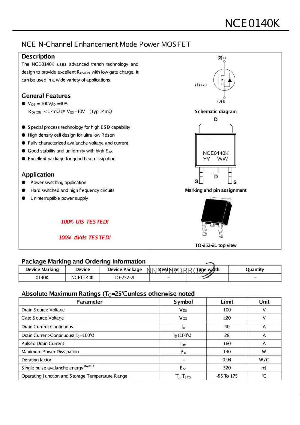 10ชิ้น/ล็อต NCE0140K MOSFET ทรานซิสเตอร์ TO-252-2L(4R) N-Channel 100V 40A 17mΩ @ 10V IC Field Effect ทรานซิสเตอร์ชุดอิเล็กทรอนิกส์ Compon