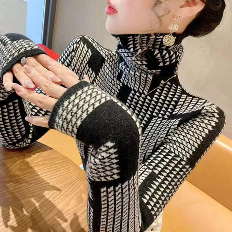 Autumn Winter New Chic Patchwork Turtleneck Slim Sweaters Women Clothing Fashion All-match Long Sleeve Knit Pullovers Lady Tops