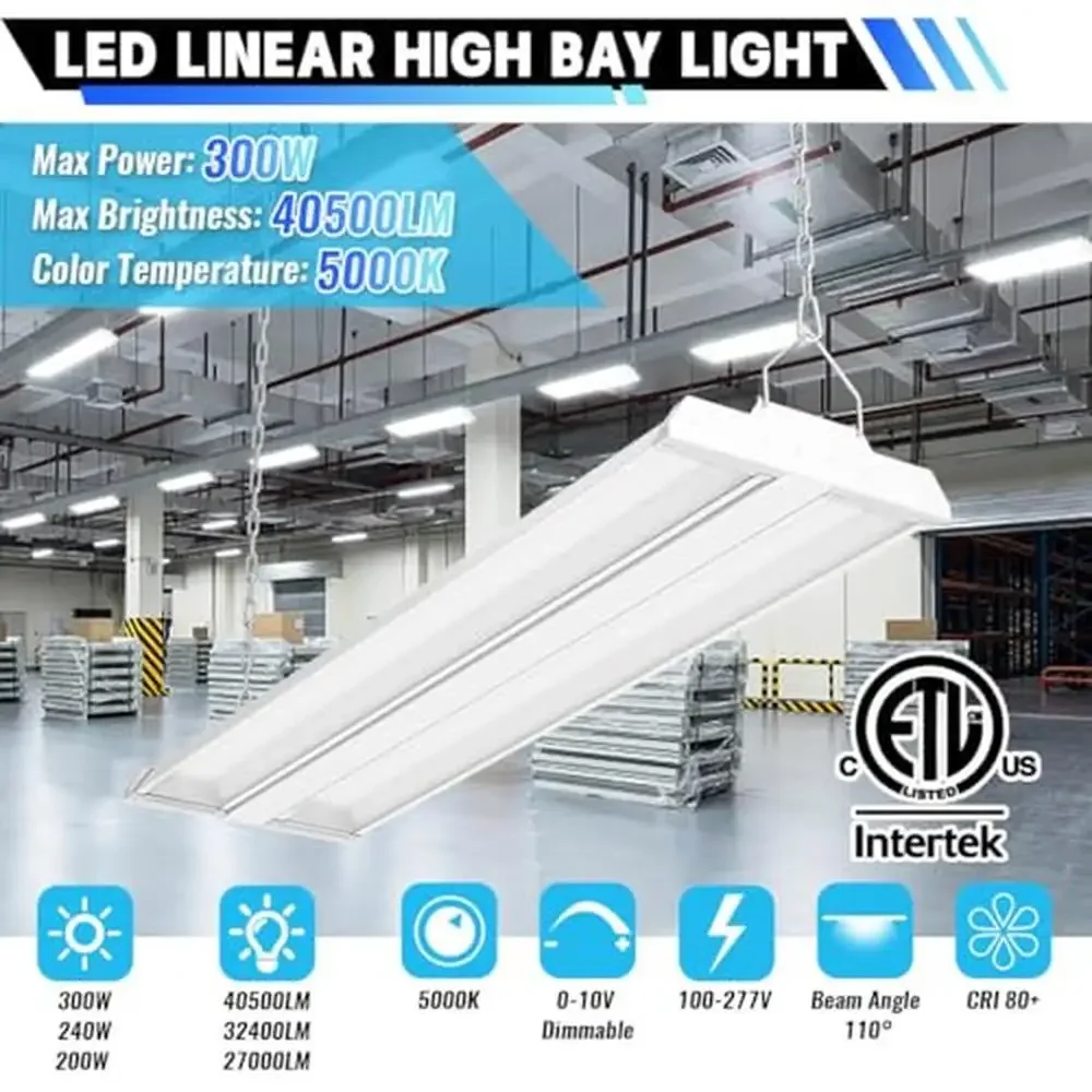 Éclairage LED High Bay, lumière du jour 5000K, 300W, 40500LM, intensité variable, inclinaison réglable, éclairage de magasin de face, qualité commerciale, long, lot de 4