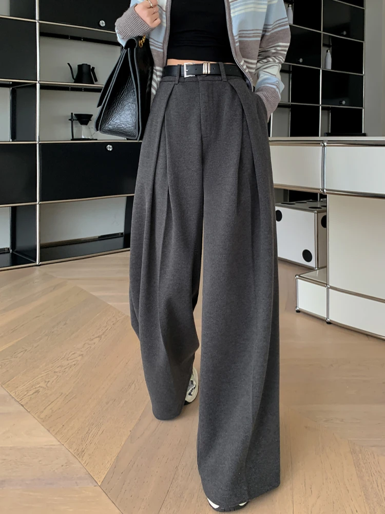 Woolen Wide-leg Pants Women's 2024 Autumn and Winter Straight Trousers Casual Loose Retro High Street Thickened Women's Pants