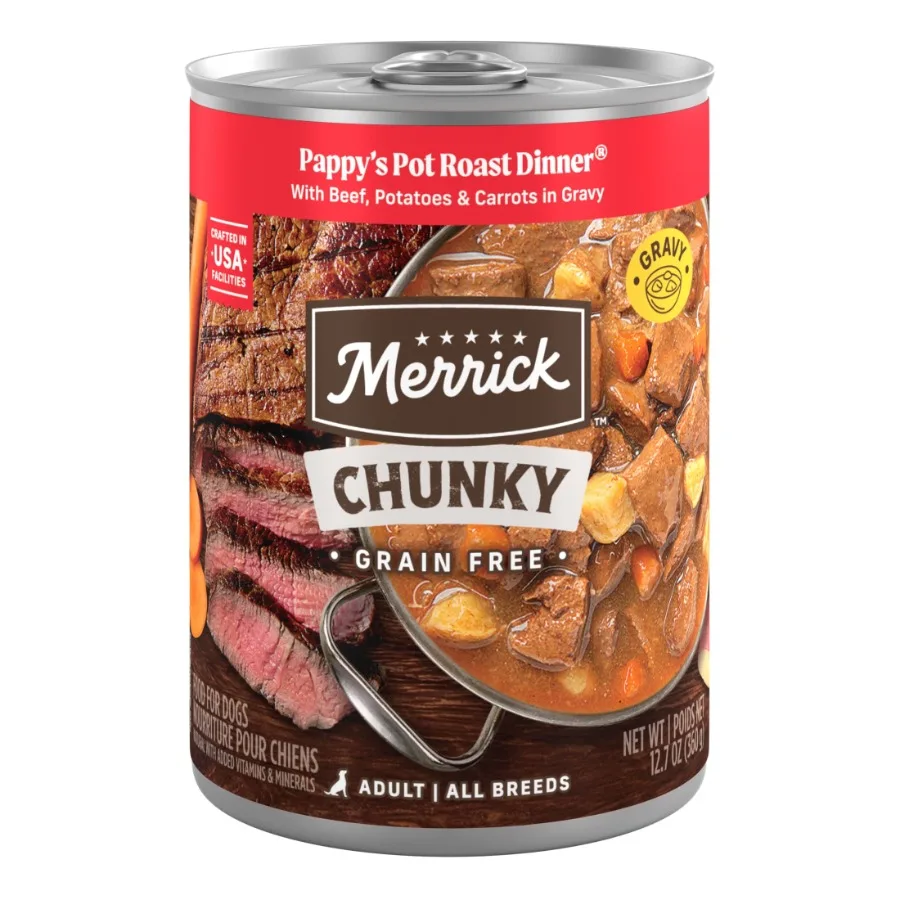 

Chunky Wet Dog Food Grain Free Pot Roast Beef and Veggies in Gravy, 12.7 oz Cans 12 Pack
