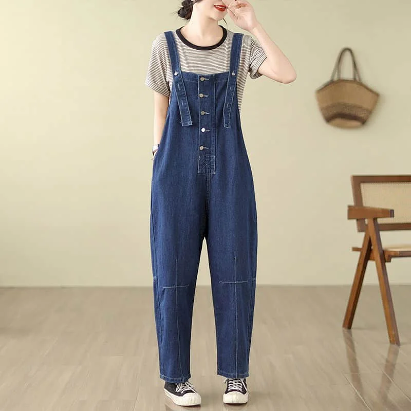 

Denim Jumpsuits for Women Korean Style Rompers Solid Casual Vintage Playsuit Straight Harem Pants Line Design Women Clothes