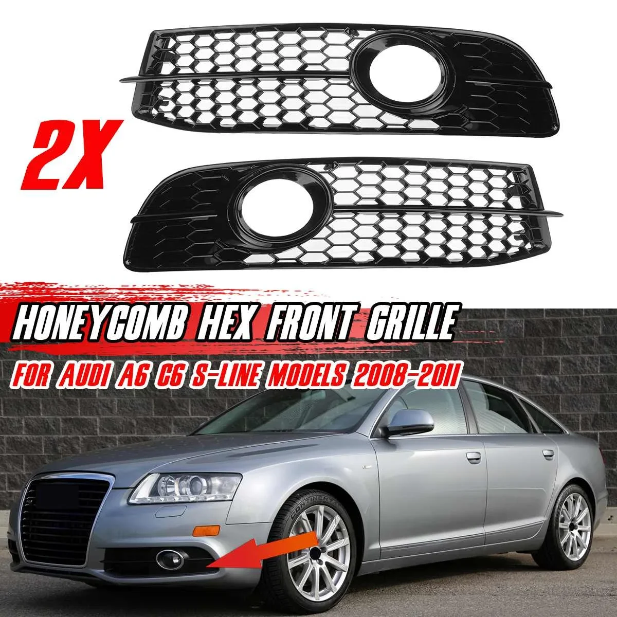 2x Car Front Bumper Fog Light Lamp Grille Grill Cover HONEYCOMB HEX For Audi A6 C6 S-Line 2008-2011 4F0807681Q01C 4F0807681Q02C