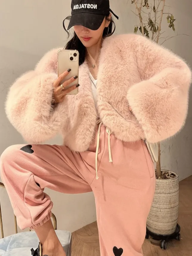 

Dongda Gate Women's Faux Fur Jaet V-Ne Sweet Loose ort Warmth round Hem Princ Sve Pure Color Winter Coat