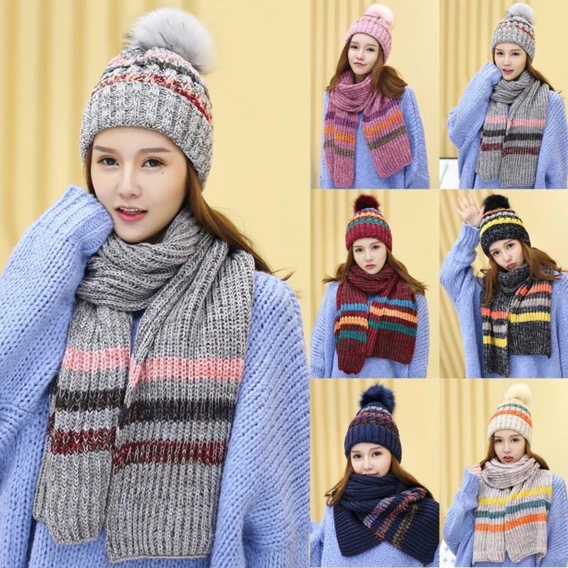 

Women Winter Knit 2Pcs Striped Plush Lined Warm Pompom Beanie Hat Long Scarf Set