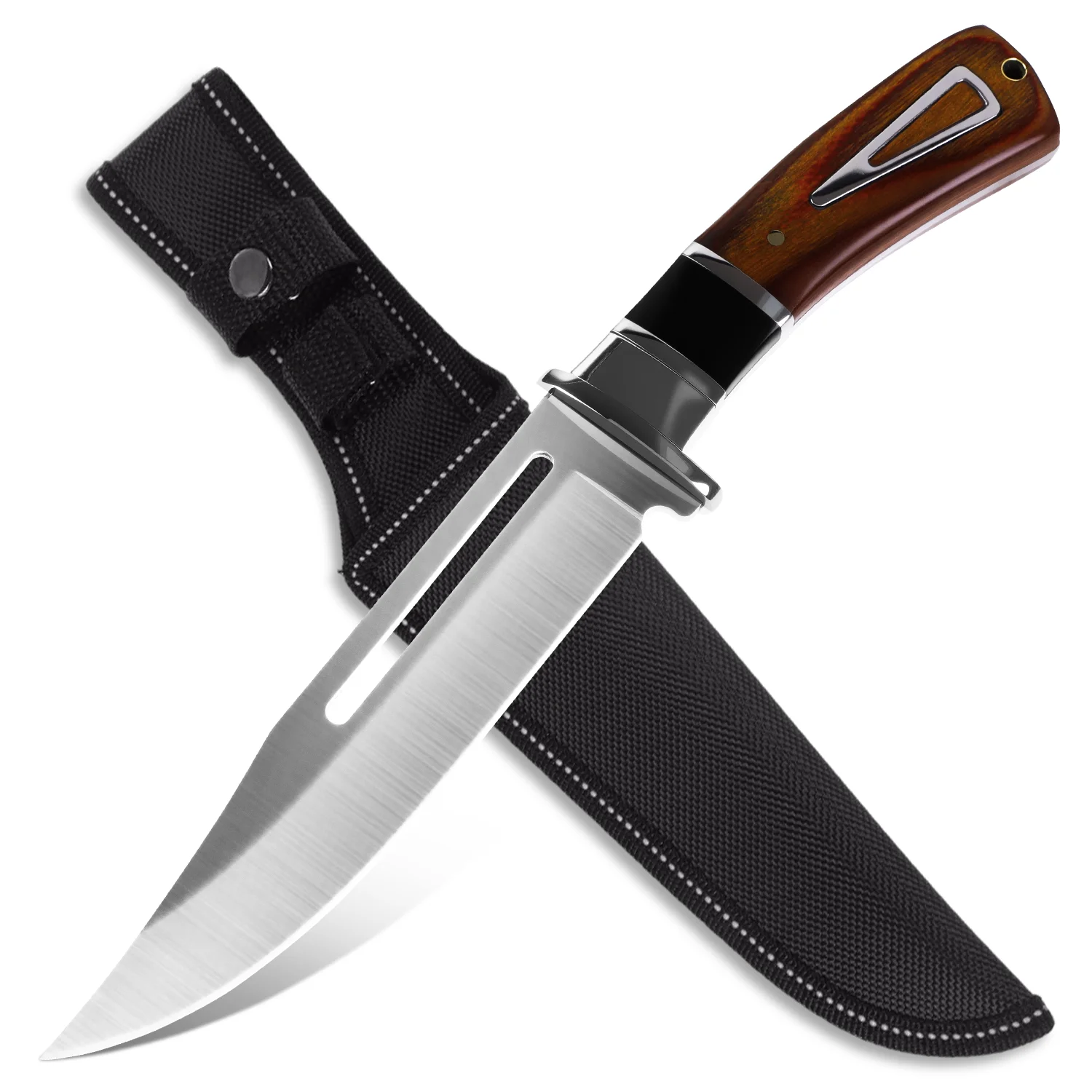 Nóż outdoorowy 27 cm z ostrzem typu clip point, z kalifornijskim zamkiem i przełomowym systemem ochrony dłoni, rękojeść z palisandru z metalowymi wkładkami, lekki, naturalny towarzysz.