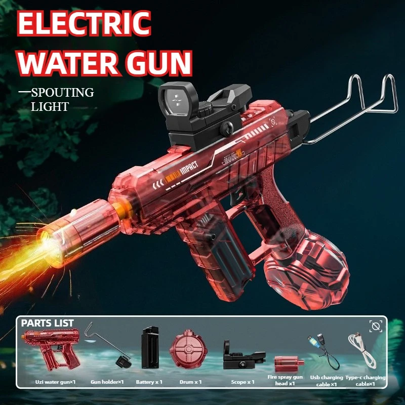 Pistola de agua eléctrica UZI con juguetes iluminados para niños, juego de tiro al aire libre de verano, juguete potente para niños, pistola de chorro de agua automática