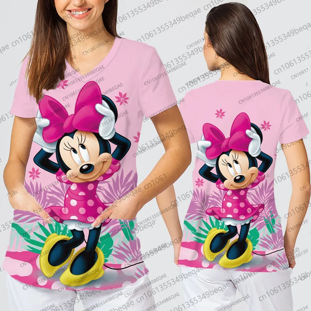 Disney dos desenhos animados impressão gráfica camisetas femininas verão casual com decote em v roupas estilo y2k na moda confortável uniforme de enfermeira para mulher