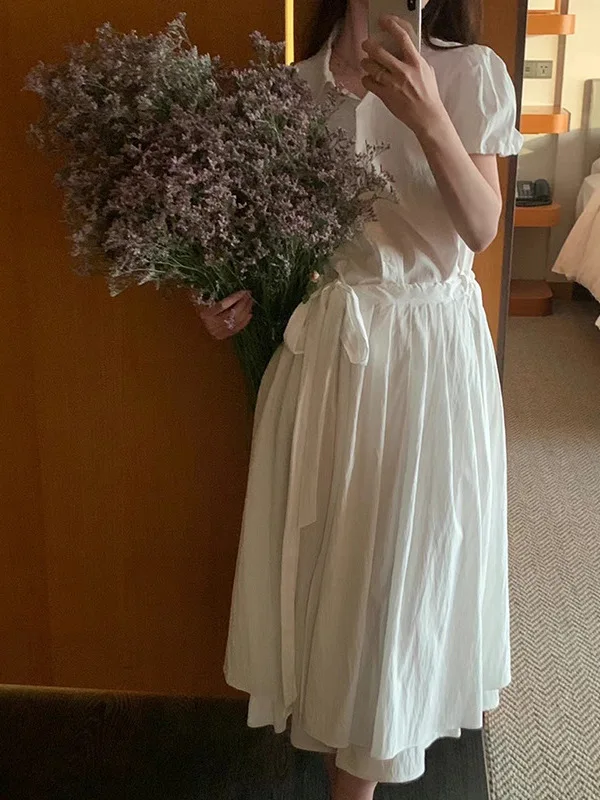 High Quali Loose Bubble Sve ort Dr irt Long Pleated Skirt Maxi Dr Commute Sle Artificial Silk Spring Dr