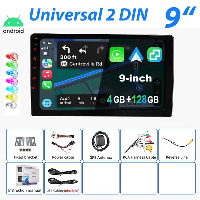 Universeel Autoradio ESSGOO Android 15 7"/9"/10" 4+128 GB 2 DIN Draadloze CarPlay Android Auto GPS Navigatie RDS FM Bluetooth 7 Kleuren ASP-scherm Mirror Link Aanraakscherm Stuurwielbediening