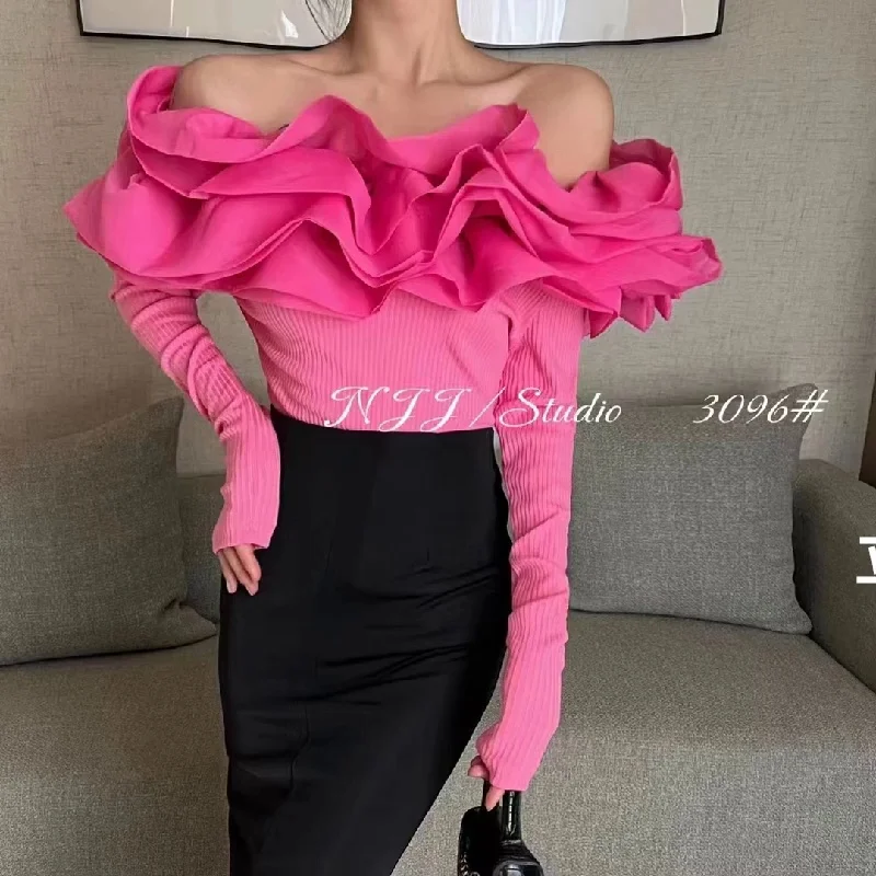 

Women's Ruffle Crop Top Elegant Organza Knitted Crop Tops Female Sexy Shoulder Camis Chic Corset Shirt Slim Shirt Autumn Fashion