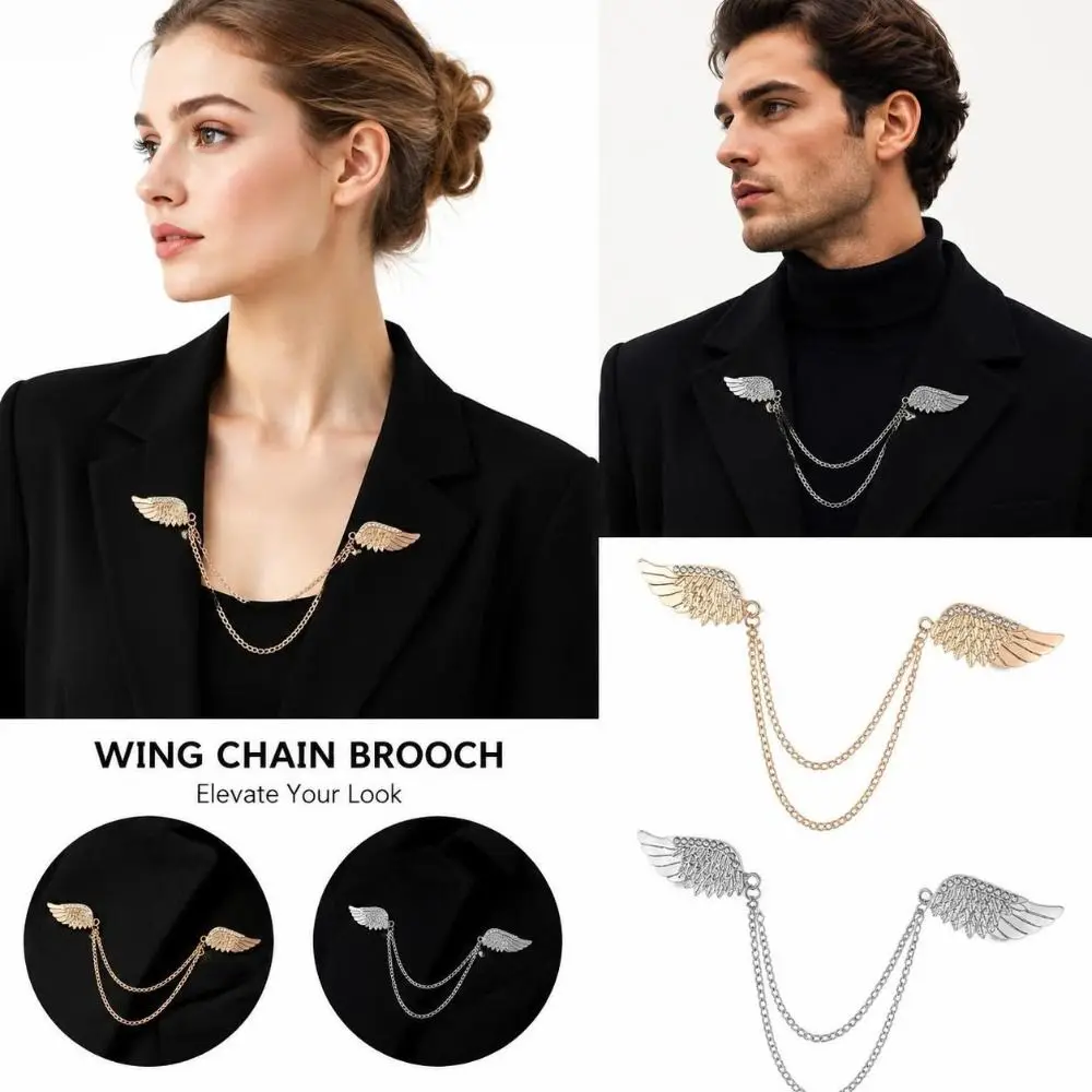 New Crystal Angel Wing Brooch Decorative Safety Pin Back Tassel Chain Brooch Sparkling Lapel Pin Suit Accessories