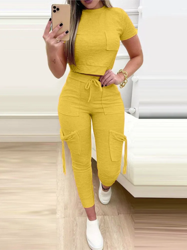 Tight Solid Color Two Piece Set Women Cropped T Shirt Slim Long Pants Leace-up Pocket Ladies Sets 2023 Spring Summer Sportswear