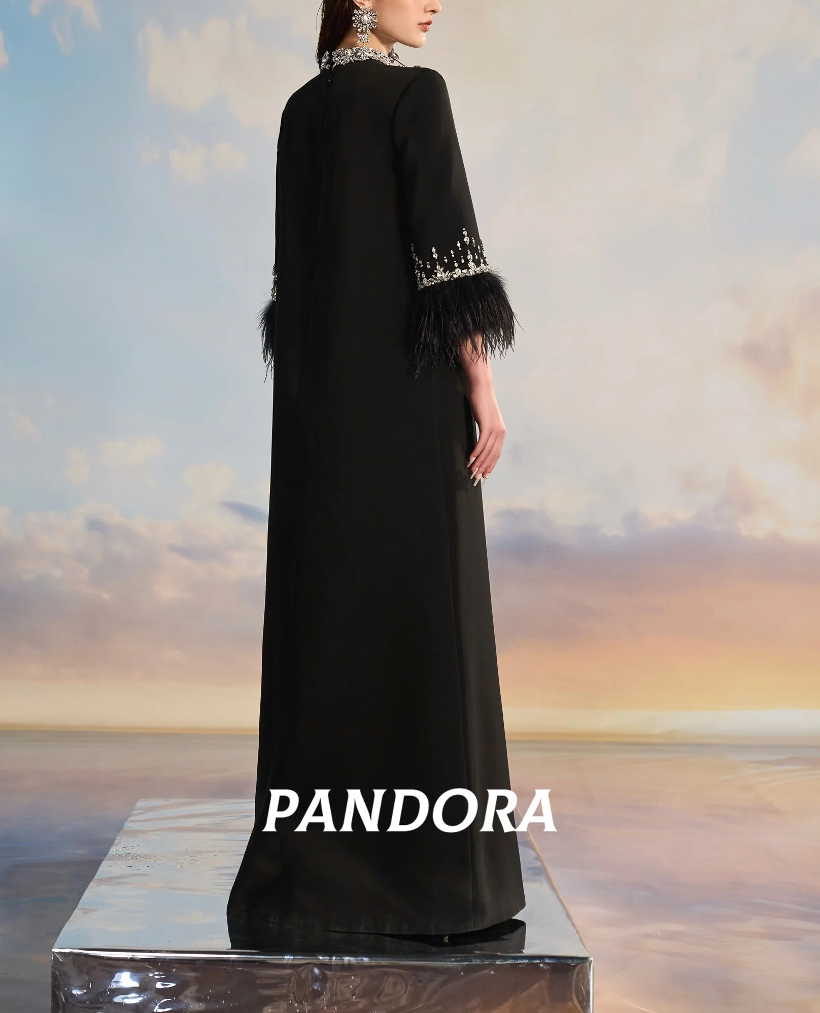 Pandora Elegant Black Saudi Arabian Women's Evening dress High Neck Long Sleeves Crystal Feather Crepe Party Dress Customized