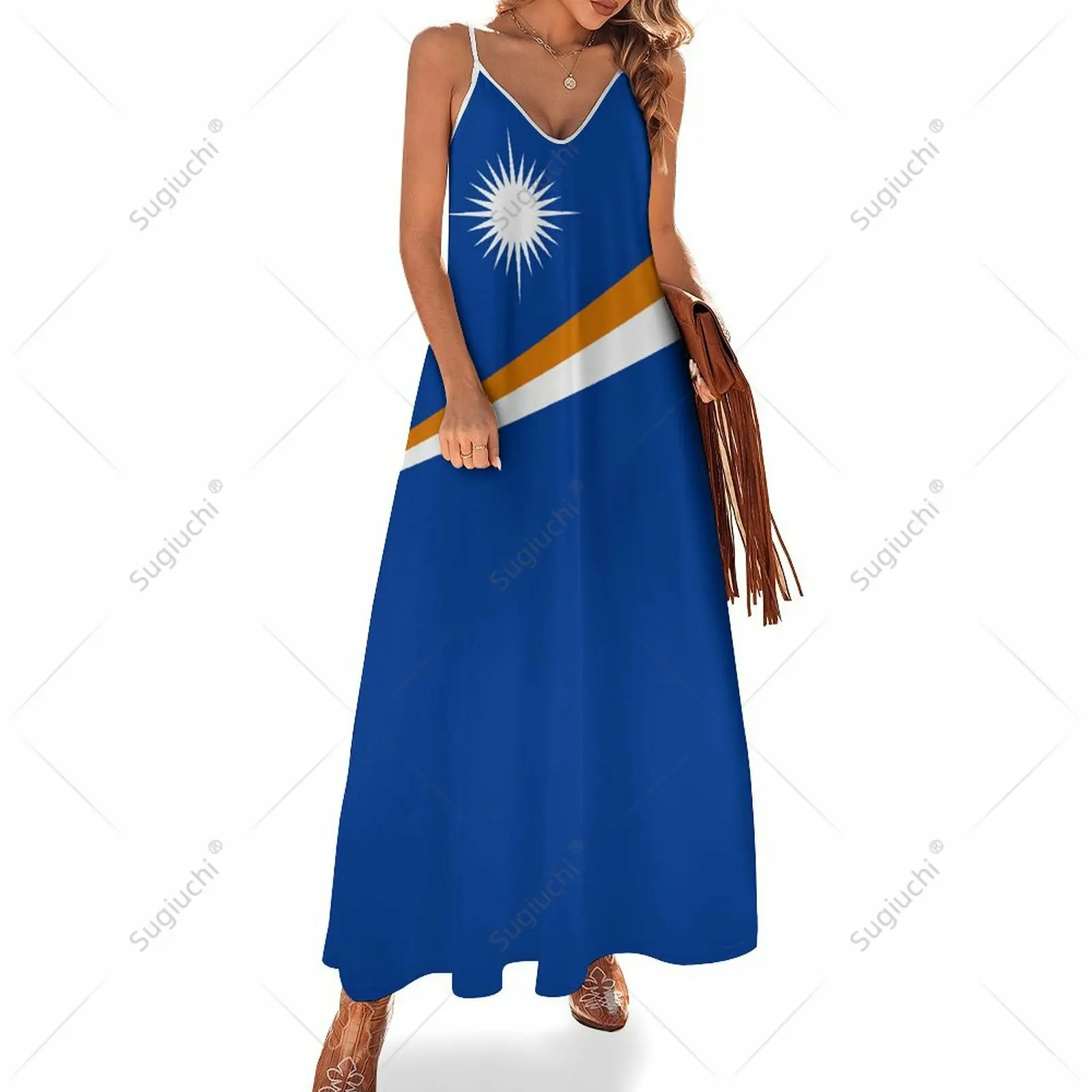 Vestido longo com bandeira Marshall Islands para mulheres, decote em v estampado, sem mangas, balanço casual, vestidos retrô, novo, 4