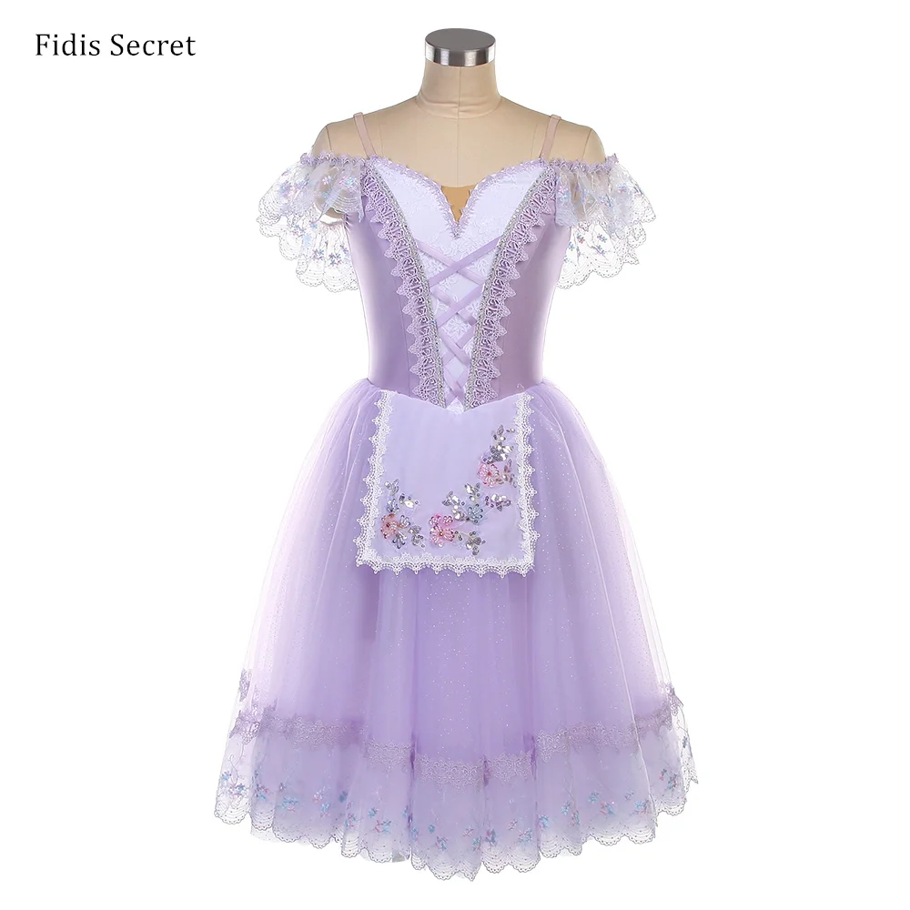 أزياء تنورات قصيرة باليه رومانسية طويلة على طراز الفلاحين باللون الأرجواني الفاتح للفتيات، ملابس راقصة الباليه نابولي/ملابس مسرح المنافسة