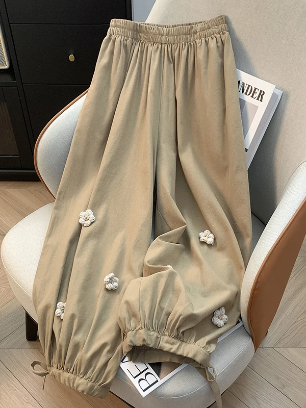 

Retro Japanese Sle Lantern Pants Women's Casual Harajuku Sle High Waist Nine Points Loose Fit Summer Design with 3D Flowers