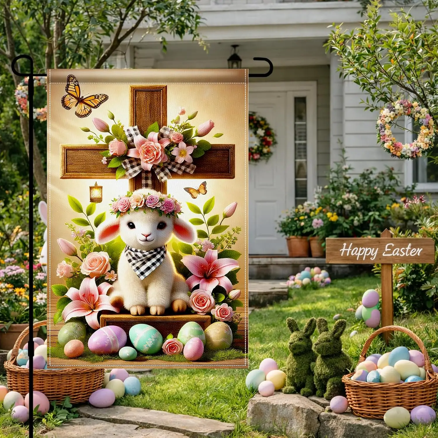 Spring Easter Lamb Garden Flag 12x18 Inch Double Sided Wooden Cross Flowers Burlap Garden Flag Rustic Farmhouse Yard Outdoor GGO