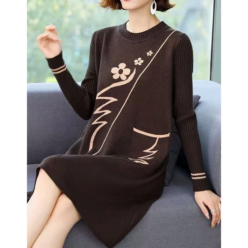

Autumn Winter Pullover Simplicity Elegant Jacquard Knitted Dress Ladies Office Lady O-neck Long Sleeve Vintage Dress Women Dress