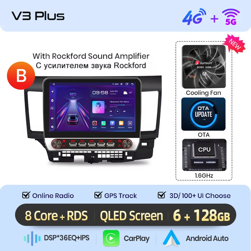Junsun 13.1″ QLED Draadloze CarPlay Android Auto Autoradio Voor Mitsubishi Lancer 2007-2013 Intelligente Systemen DSP SWC RDS GPS FM