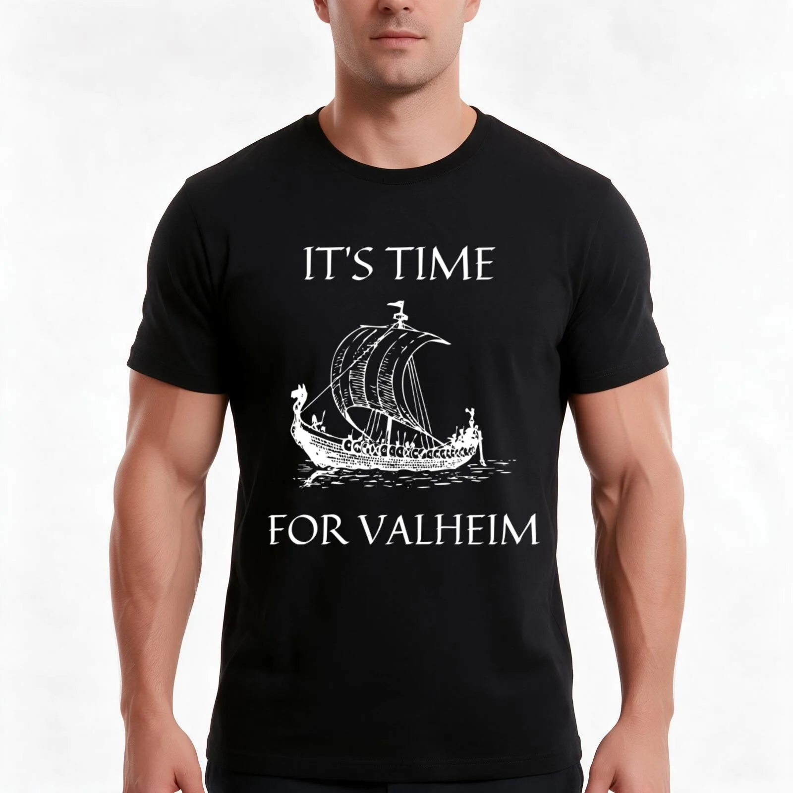 It's Time For Valheim Sailing Boat T-Shirt, Summer Casual Cotton Tee, Oversized Streetwear Tops, Vintage Graphic Print