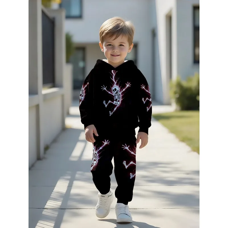 Boys Hoodie Jogger Set: Lightning Skeleton Print, Heart Wing Cherub, Bow Ghost Letter Kids Casual 2-piece Tracksuit