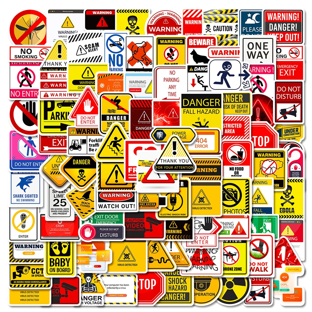 10/30/50/100pcs Warning Cartoon Stickers Danger Banning Decal Waterproof DIY Stationery Laptop Car Classic Cool Sticker Toy Gift