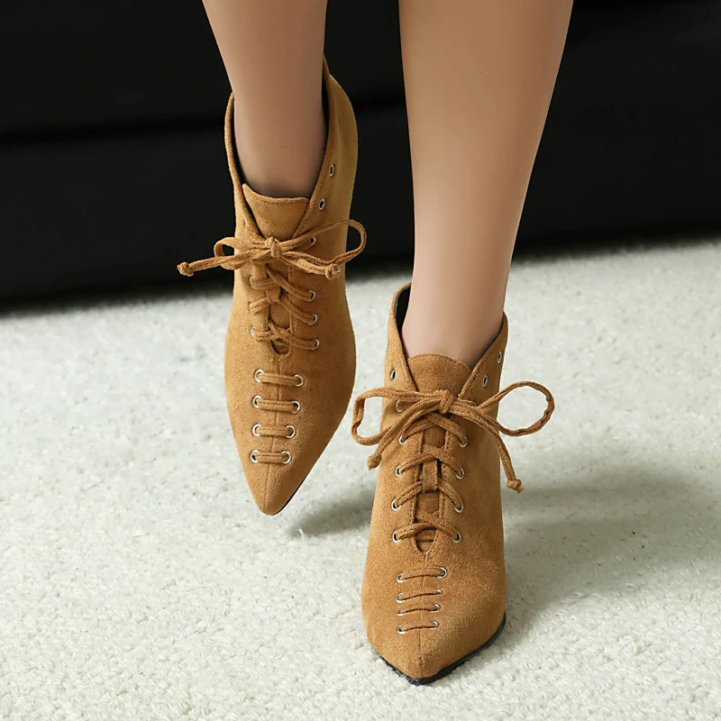 

Suede Cross-Tied Ankle Boots Pointy Toe Stiletto High Heels Lace Up Pumps Fashion Women Sexy Lady Classic Dress Shoes Size 35-43