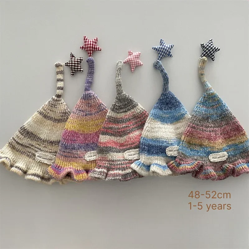 Kids Knitted Hat 48-52cm Gradient Beanie Warm Windproof Cold Proof  Autumn Winter Girl Hat Cute Star Bucket Cap for Boys Girls