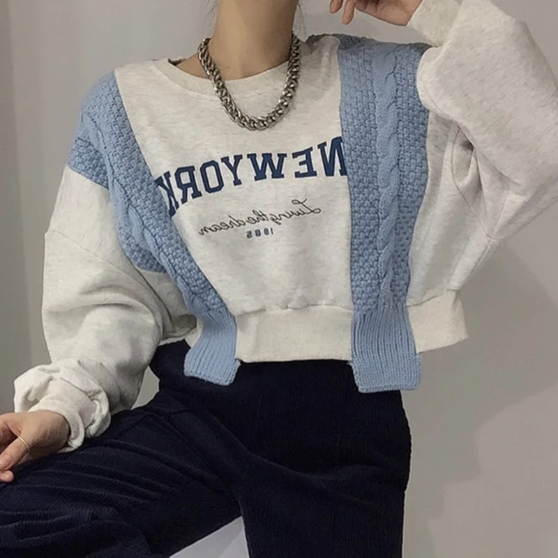 Chique vintage letterprint gebreid patchwork los casual lantaarn Sve sweatshirt dames Faion herfst katoen rond Ne