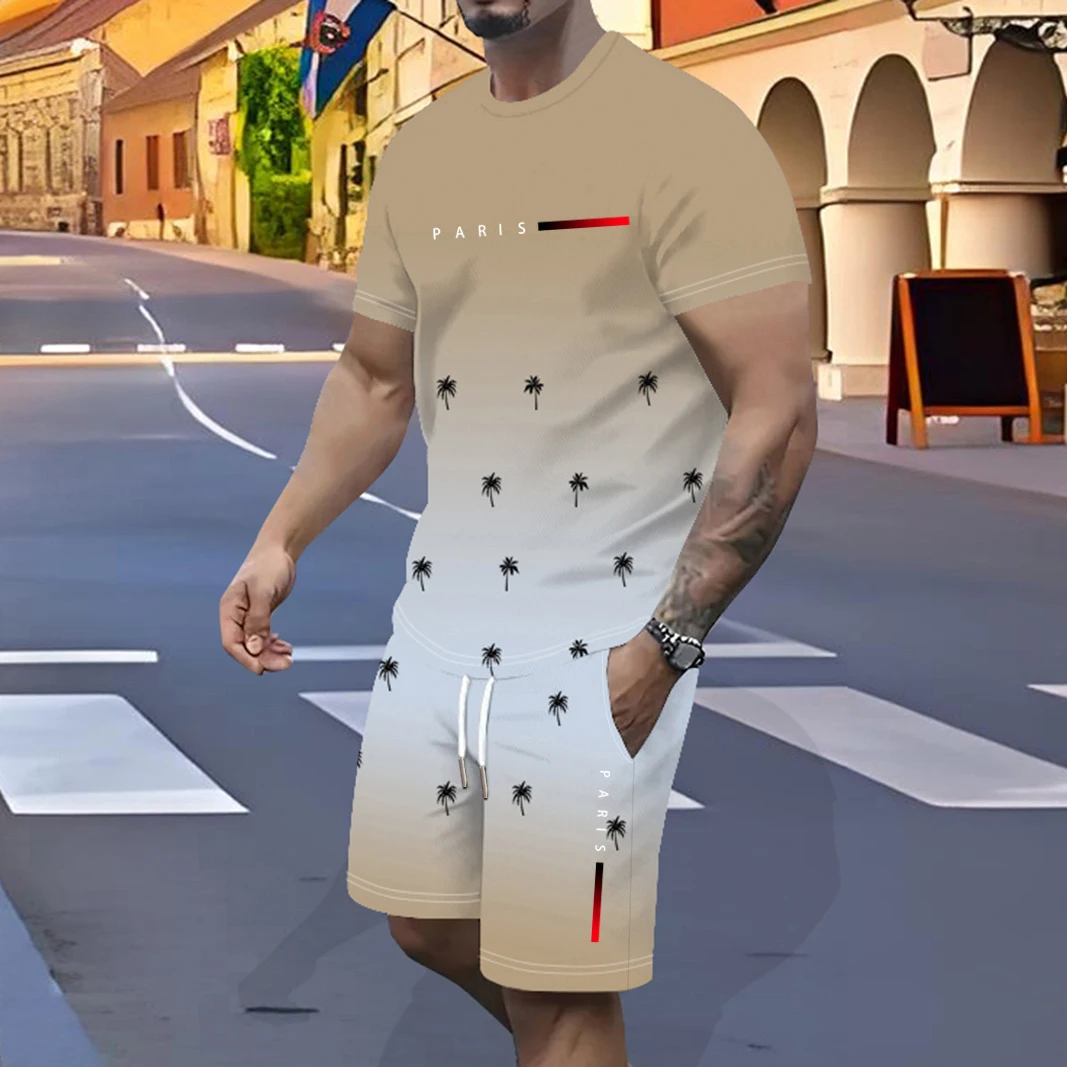 

Men's new 3D gradual change knitted T-shirt set, polyester fabric, beach vacation, sports and leisure