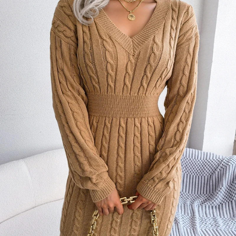 Autumn and Winter Fashion Waist Closing Fried Dough Twists Hip Wrapping Dress Woolen Dress Women's Wear