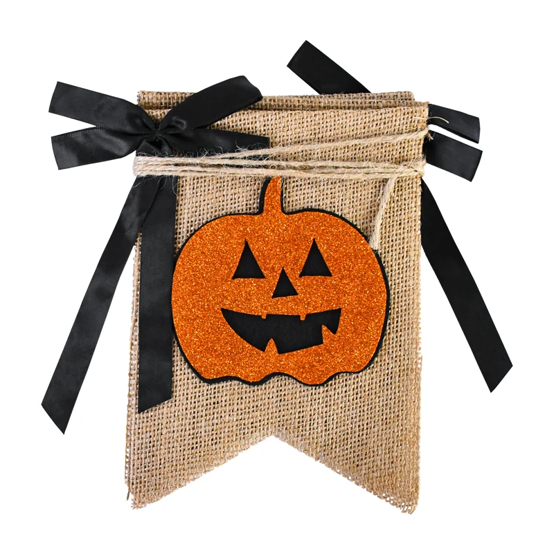 1 ensemble de guirlande rustique en toile de jute BOO avec découpes de citrouille orange et de triangle noir pour la décoration de fête d'Halloween, de la maison et de la cheminée
