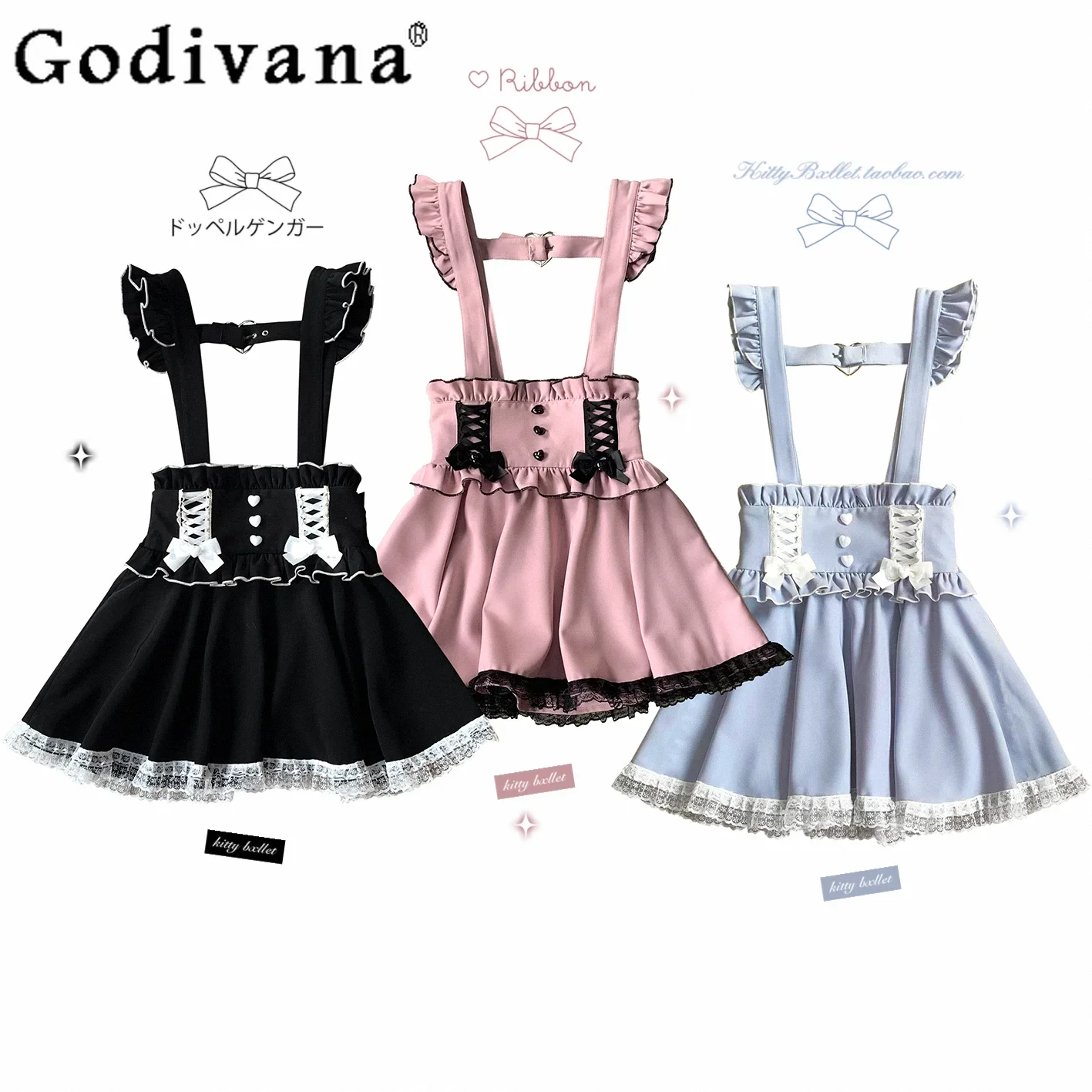 

Original Design Mine Ruffle Edge Bow Strap Lace Splicing Skirt Women's High Waist Slim Suspender Skirt Lady Sweet Short Skirts