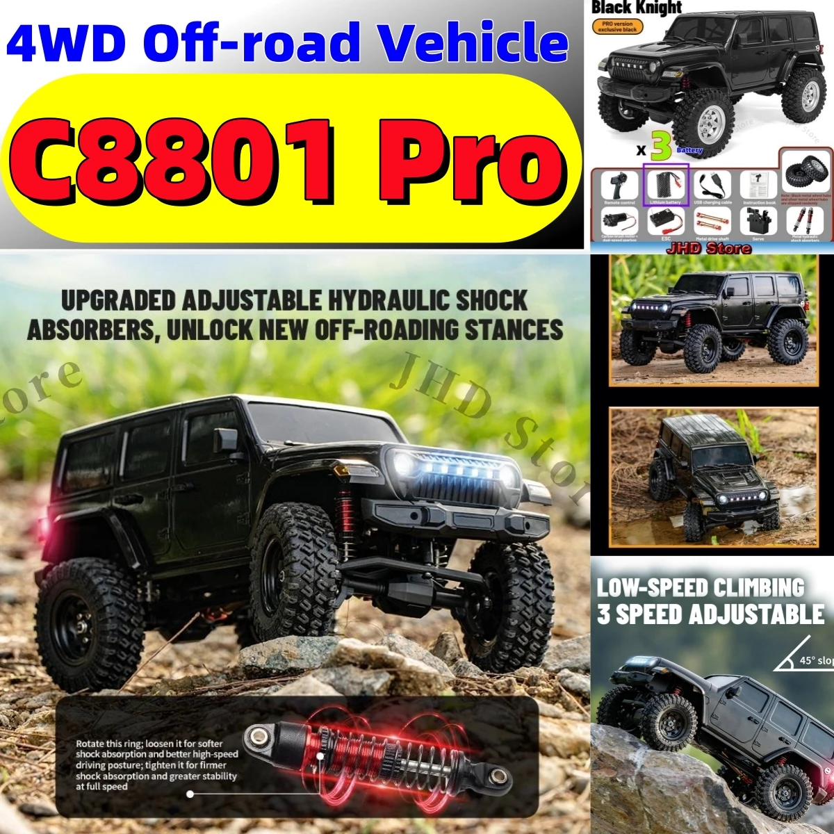 

JHD For JJRC C8801Pro 1/18 RC Car Wrangler Off-road Climbing Vehicle 4WD 2.4G 3 Level Adjustment Dual Speed Gearbox C8801 Car