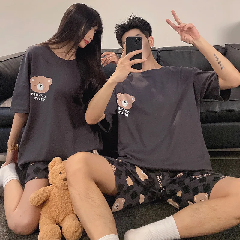 Cartoon Cute Bear Nightwear for Couples Summer Short Sleeves Shorts Sleepwear Women and Men Matching Homewear Young Boy Girl Pjs