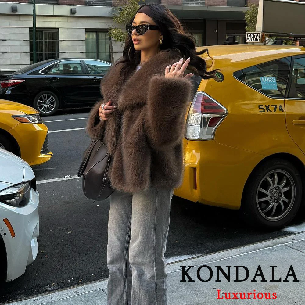 KONDALA سترات نسائية من الفرو السميك باللون البني غير رسمية بأكمام طويلة ورقبة على شكل V للخريف والشتاء معاطف من الفرو الصناعي موضة 2025 ملابس خارجية