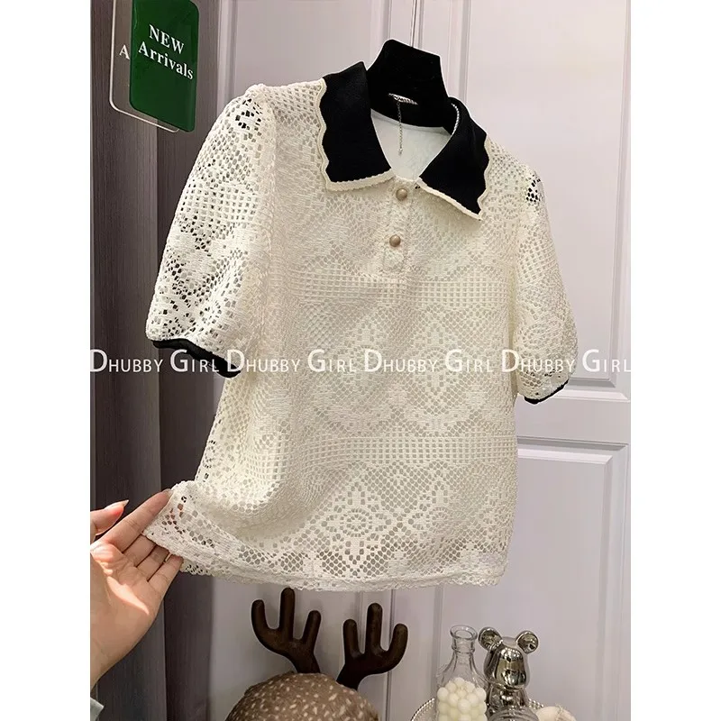 French Lace Hollowed Out Shirt Summer New 2023 Contrasting Flip Over Comfortable Top For Women Elegant Tops