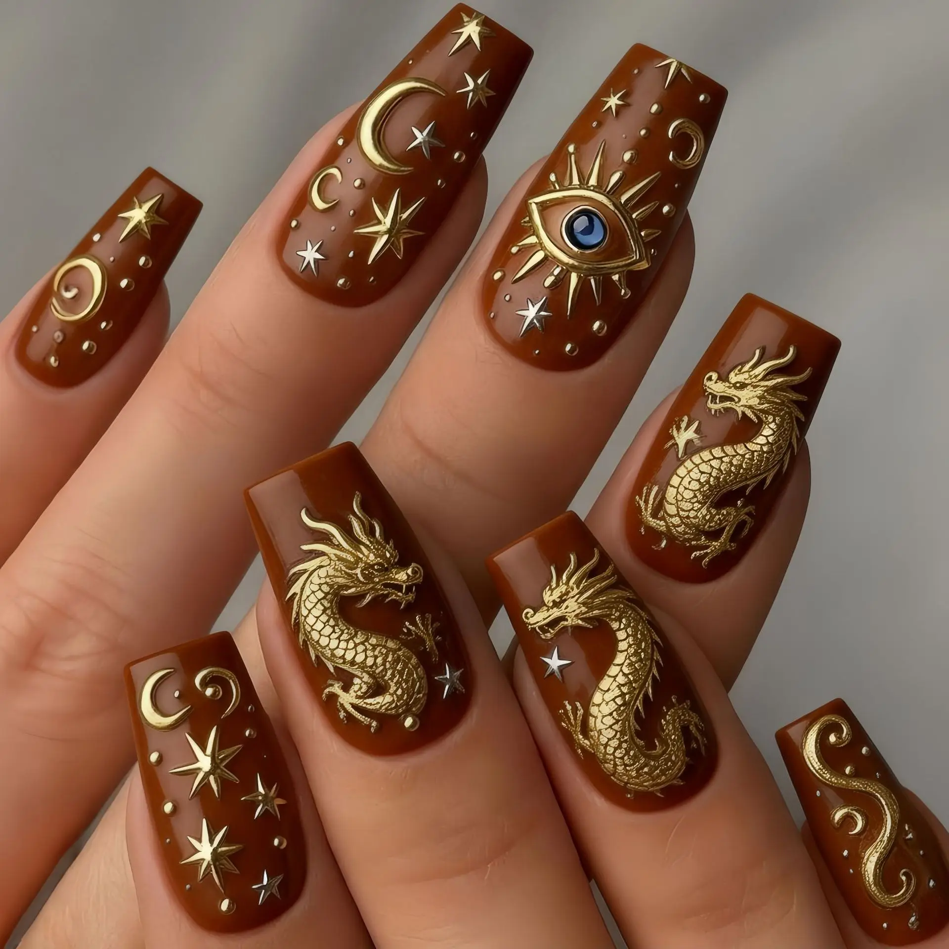

Gold Press on Nails with Dragon Designs Medium Long Fake Nails Gold Dragon for Spring summer 3d Press on False Nails